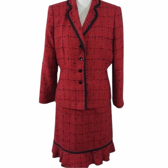 Vintage Le Suit Red and Black Tweed Blazer and Skirt Set - Picture 1 of 6